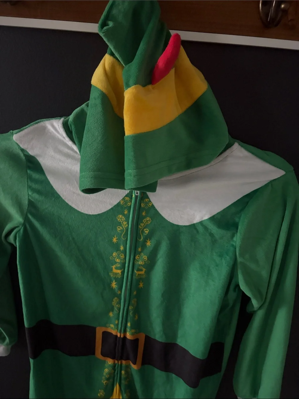 ELF Green and Yellow Hooded Elf Jumpsuit Costume with Printed Belt NWOT